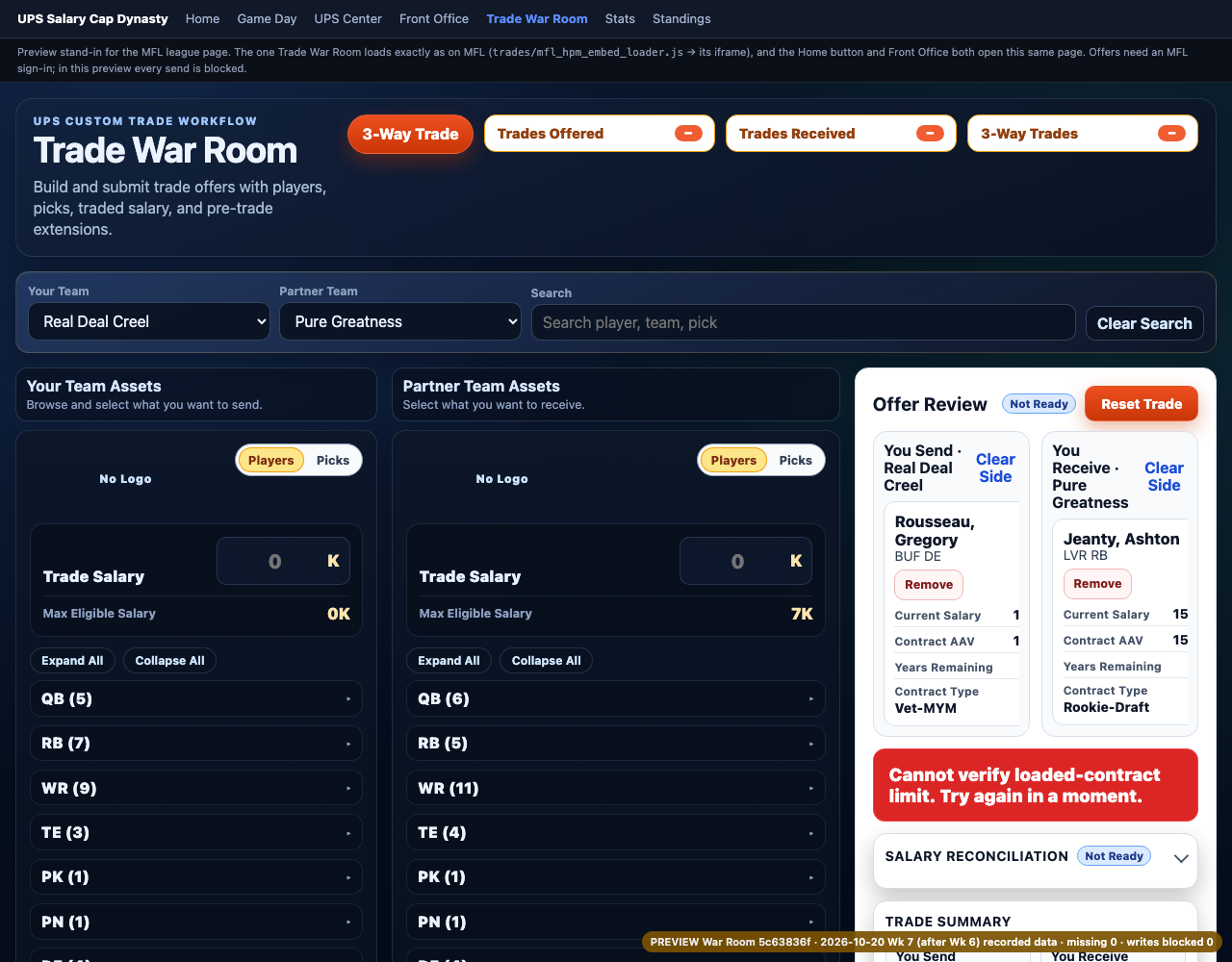 8 · War Room preloaded from a swap (fails closed: the POST check is blocked).